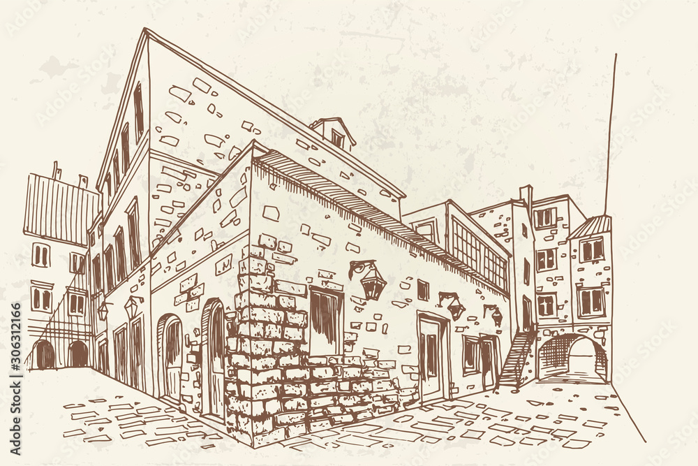 Vector sketch of street scene in old Dubrovnik. Croatia