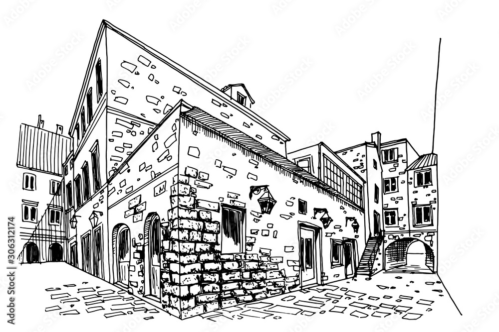 Vector sketch of street scene in old Dubrovnik. Croatia