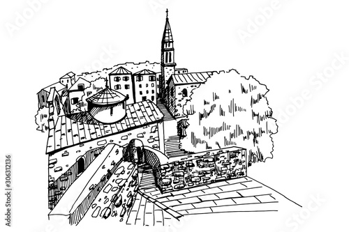 vector sketch of old town in Budva, Montenegro photo