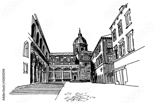 Vector sketch of cathedral in Dubrovnik, Croatia. photo