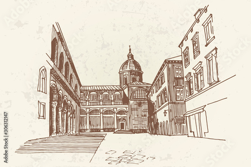 Vector sketch of cathedral in Dubrovnik  Croatia.