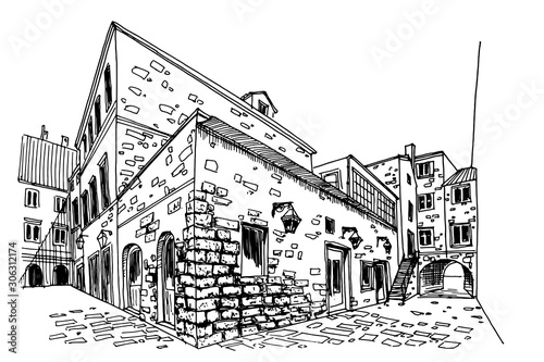 Vector sketch of street scene in old Dubrovnik. Croatia photo