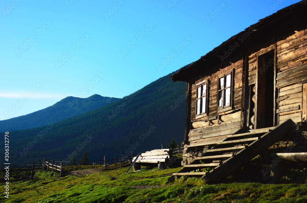 Fototapeta premium Summer landscape with a lonely house in the Ukrainian Carpathians.