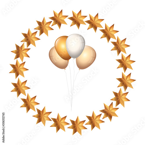 balloons helium golden and white in frame circular of stars vector illustration design