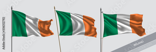 Set of Ireland waving flag on isolated background vector illustration