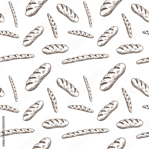 Bakery pattern. Hand drawn bread products on white background. Sketch style. Seamless vector backdrop