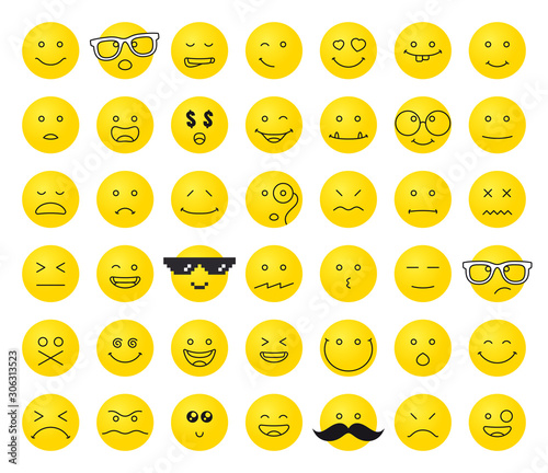 Vector funny yellow circle emoticons. Isolated on white background.