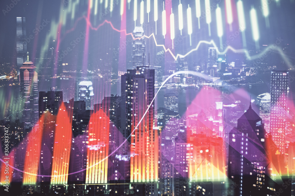 Double exposure of forex chart drawings over cityscape background. Concept of success.