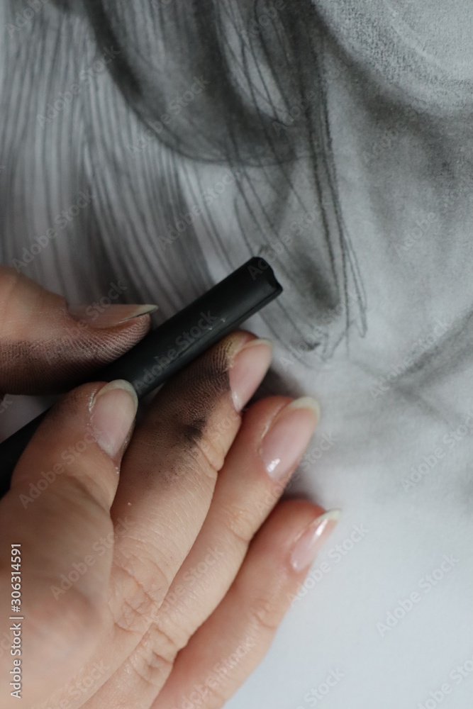 hand drawing with black charcoal 