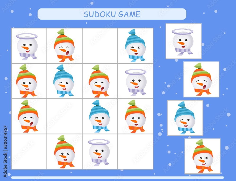Fototapeta premium Sudoku for kids. Kids activity sheet. Training logic, educational game. Sudoku game with funny snowman.