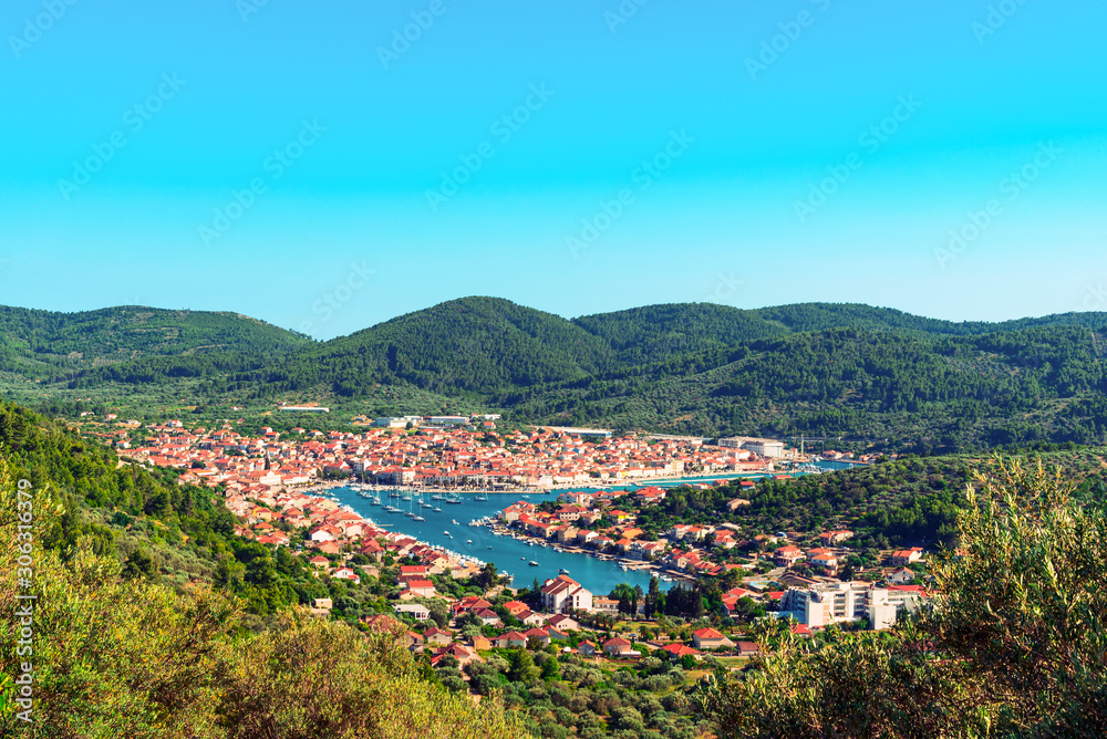 Aerial view of harbor, Vela Luka town on the island of Korcula, Croatia