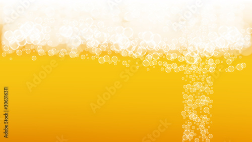 Beer background. Craft lager splash. Oktoberfest foam. pub menu layout. Shiny pint of ale with realistic white bubbles. Cool liquid drink for Gold jug with beer background.