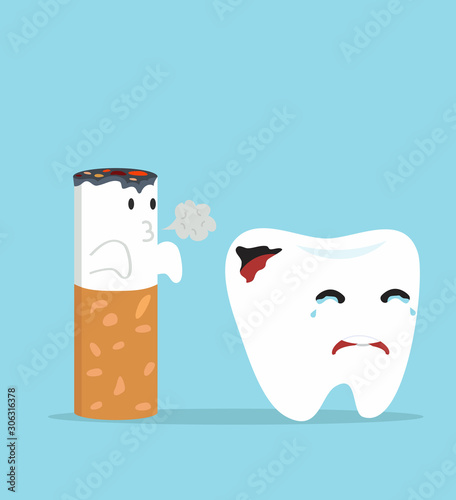 Cute tooth Cartoon dental caries with cigarette