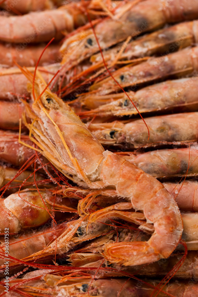Background of frozen big shrimps closeup, sea food.