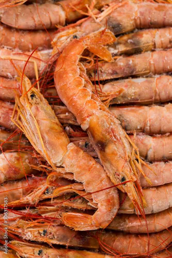 Background of frozen big shrimps closeup, sea food. Background of frozen big shrimps closeup, sea food.