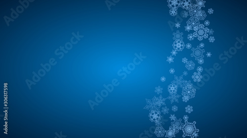 New Year snowflakes on blue background with sparkles. Horizontal Christmas and New Year snowflakes falling. For season sales, special offer, banners, cards, party invites, flyer. White frosty snow