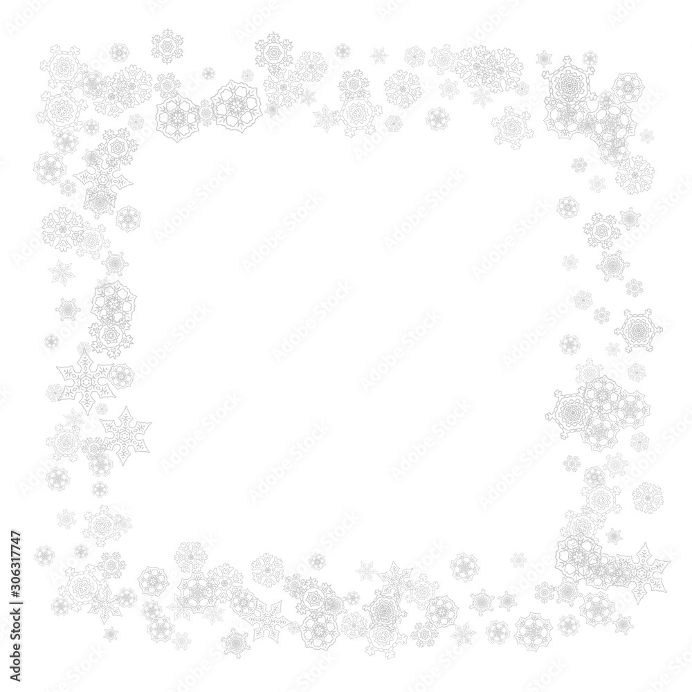Snowflakes falling on white background. Merry Christmas and Happy New Year theme. Silver falling snowflakes for banners, gift cards, party invitations, partner compliments and special business offers.