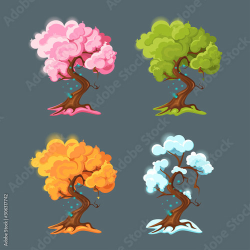 Set cartoon seasonal trees for game scenes. Trees at different times of the year. Trees in each of the four seasons: spring, summer, autumn, winter.