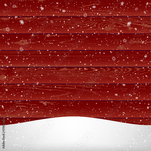 winter snowfall on red wood background