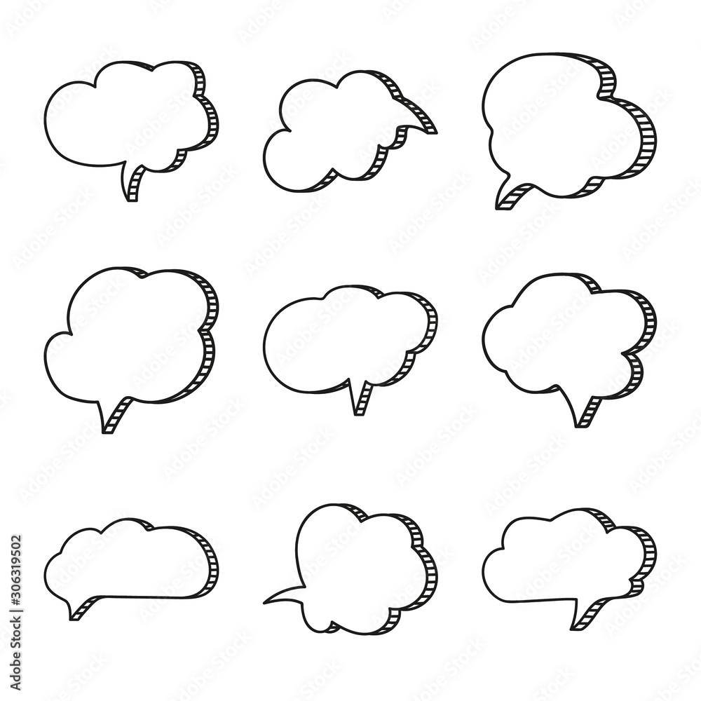 Vector set of hand drawn speech bubbles. Doodle style speaking bubbles isolated on white background. Vector set of hand drawn speech bubbles. Doodle style speaking bubbles isolated on white background.