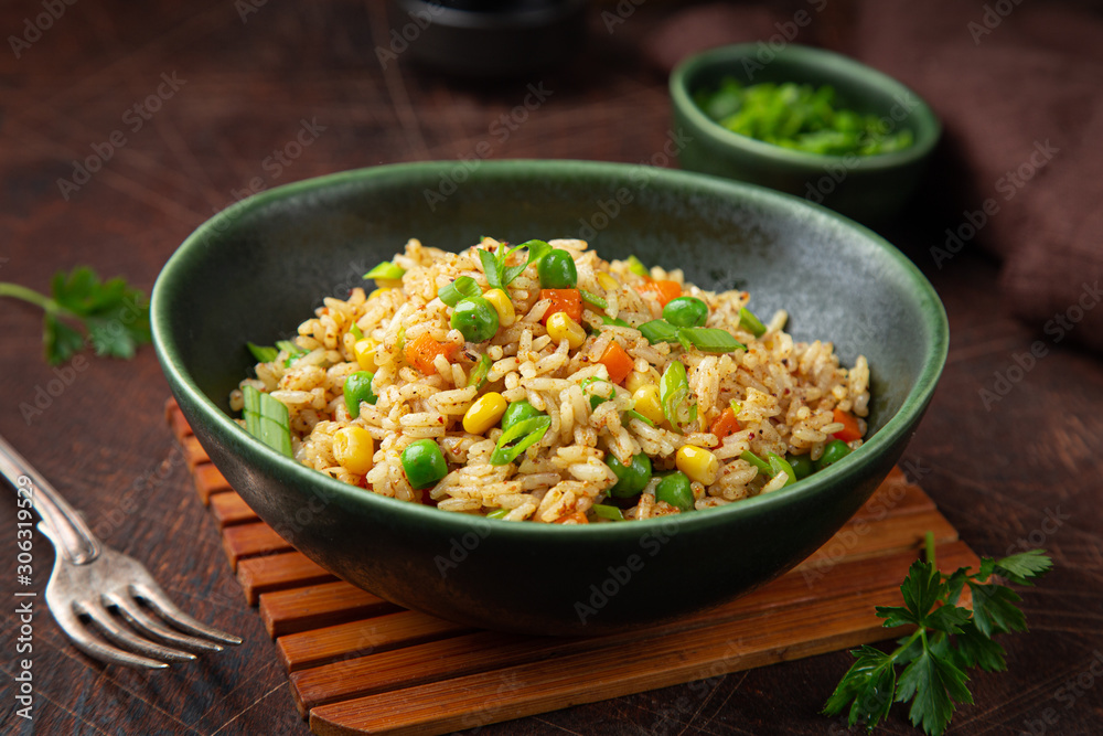 fried rice with vegetables in green bowl fried rice with vegetables in green bowl