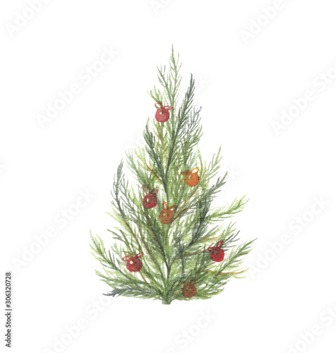 Christmas tree with christmas balls. Watercolor hand draw illustration isolated on white background. Merry Christmas and Happy New Year.