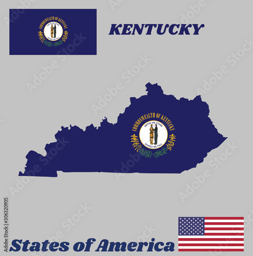 Map outline and flag of Kentucky, the Commonwealth's seal on blue color and words 
