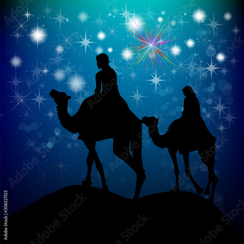 Christmas star camels with the Magi. Vector