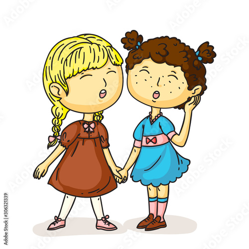 Preschool girls singing song isolated on white