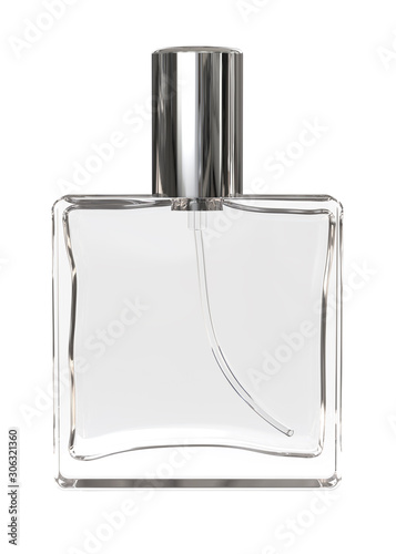 Clear White Perfume Bottle with Metallic Cap. 3D rendered Mock Up Isolated on White Background.