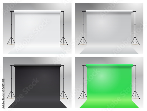 Set of photo studio chroma key. Modern equipment photo studio. White, gray, black, green backdrop stand tripods. Realistic 3D template mock up. Vector illustration. Isolated on white background.