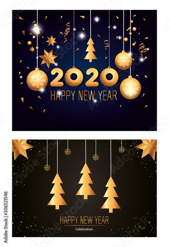 set of posters happy new year with decoration vector illustration design