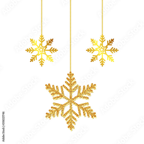 snowflakes golden of christmas hanging isolated icon vector illustration design