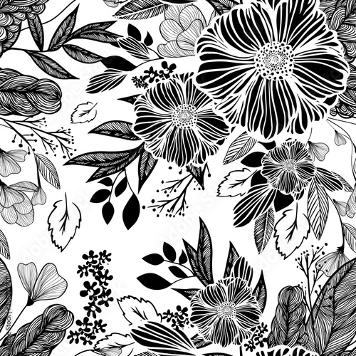 The seamless background is monochrome flowers. Vector illustration
