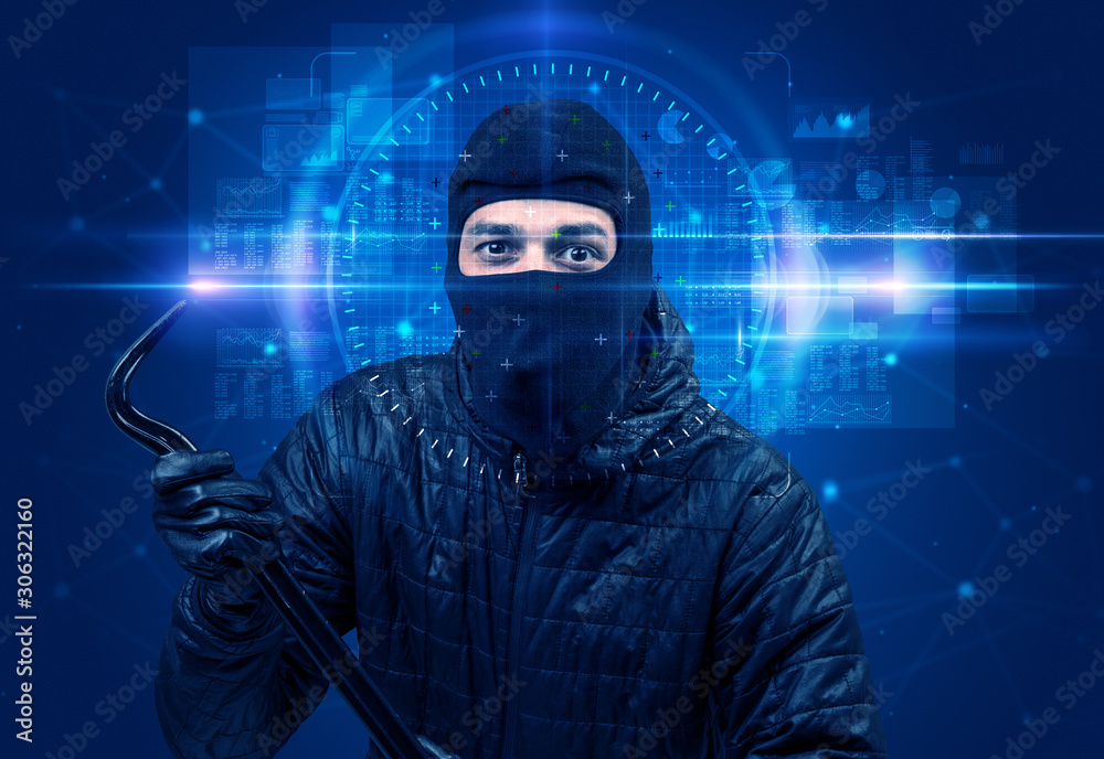 Facial recognition system. Young man on blue background