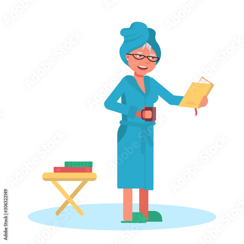 Cartoon old woman read book after shower at home