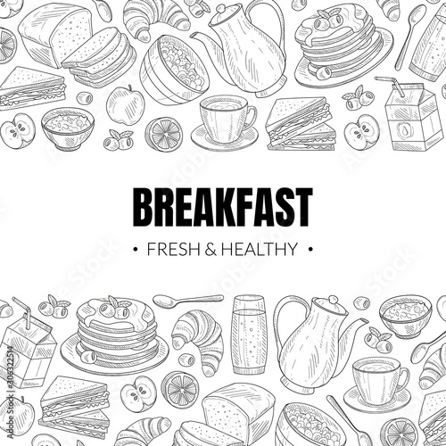 Fresh and Healthy Breakfast and Brunches Top View Vector Card Design