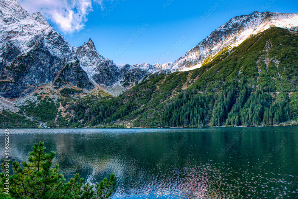 Beautiful view of lake with high mountains around , Poland , High Tatras