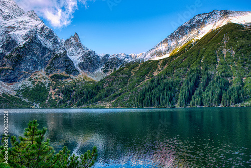 Beautiful view of lake with high mountains around , Poland , High Tatras