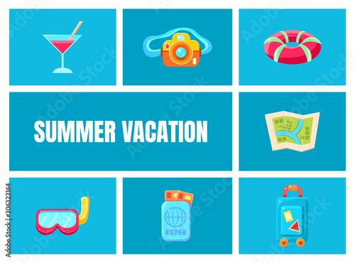 Summer Vacation Cartoon Vector Icons Set. Travel Time Concept