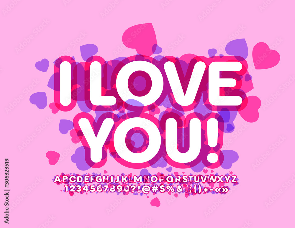 Vector cute card I love You. Pink and White Font with hearts. Romantic Alphabet Letters, Numbers and Symbols