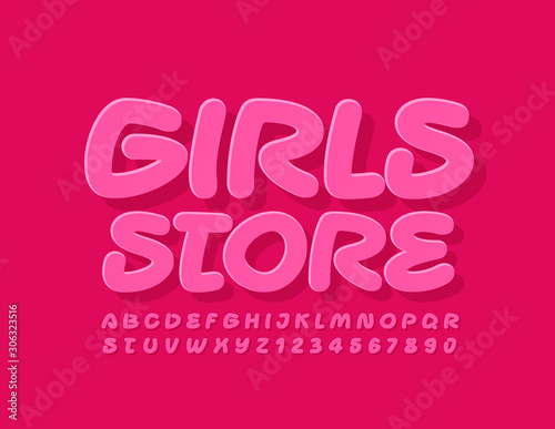 Vector bright banner Girls Store with pink Font. Creative handwritten Alphabet Letters and Numbers