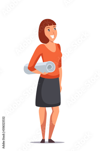 Smiling woman engineer with documents on white