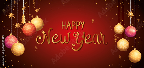 poster of happy new year with balls hanging vector illustration design