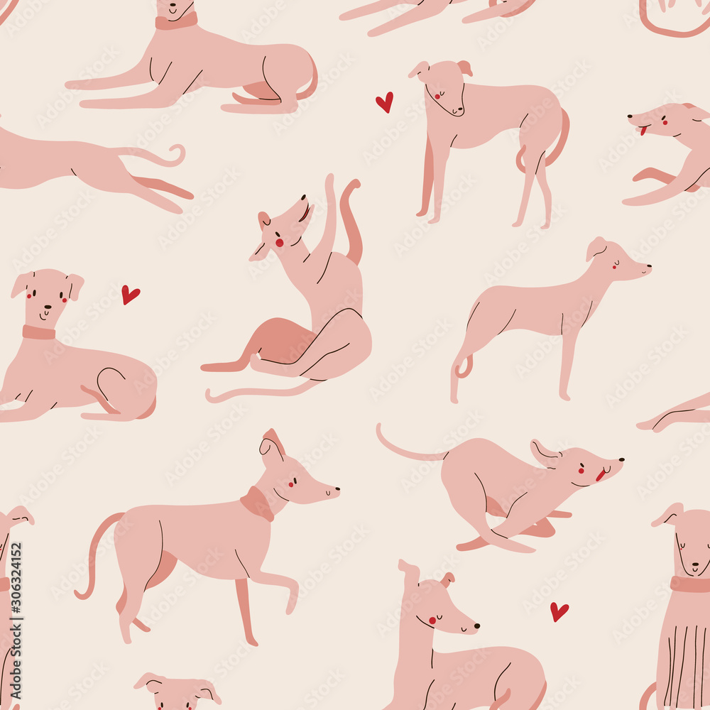 Vector seamless pattern with different Dogs. Playful dogs background. Whippet and Greyhound hand drawn texture.