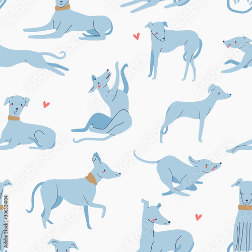 Vector seamless pattern with different Dogs. Playful dogs background. Whippet and Greyhound hand drawn texture.