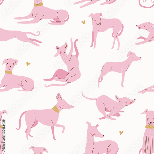 Vector seamless pattern with different Dogs. Playful dogs background. Whippet and Greyhound hand drawn texture.