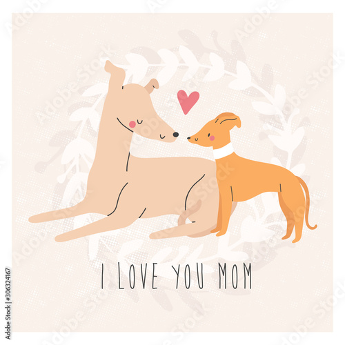 Wallpaper Mural Happy Mother's Day - beautiful vector illustration with two dogs and a heart in cartoon style. Cute greeting card design for Mom. I love you MOM background. Torontodigital.ca