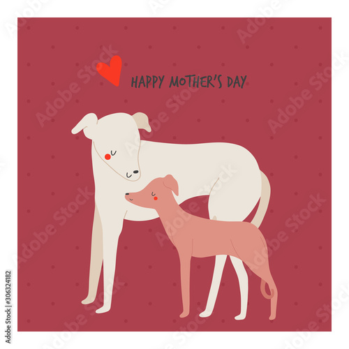 Happy Mother s Day - beautiful vector illustration with two dogs in cartoon style. Cute greeting card design for Mom.