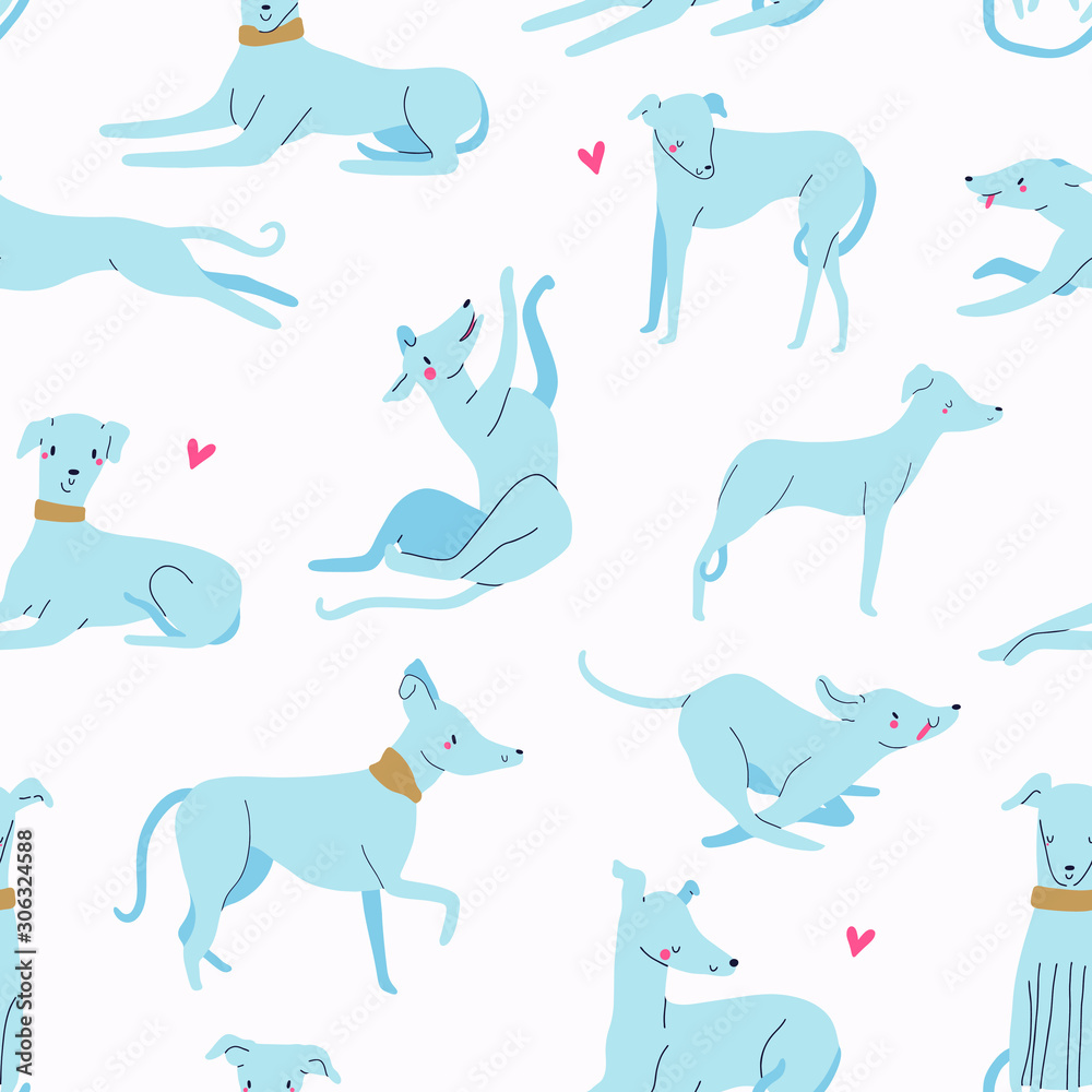 Vector seamless pattern with different Dogs. Playful dogs background. Whippet and Greyhound hand drawn texture.